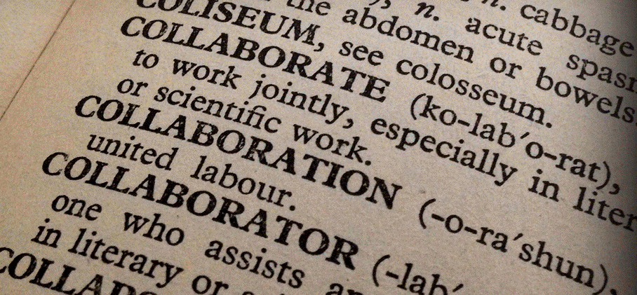 banner image of text spelling and defining the word collaboration