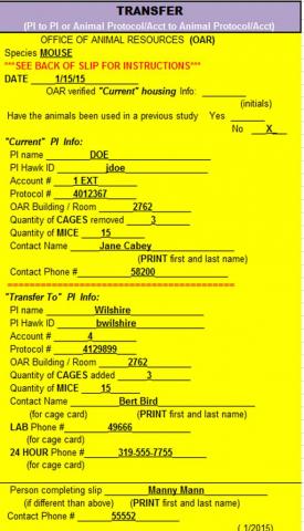 Transfer form for animal resources, detailing the transfer of mice from one principal investigator to another, including fields for PI names, Hawk IDs, account and protocol numbers, cage and mouse quantities, contact information, and signatures.