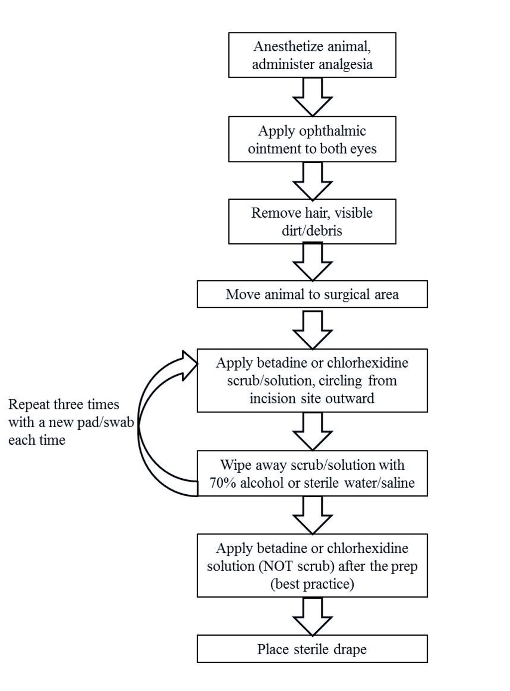 Flowchart showing steps for preparing an animal for surgery: anesthetize and apply ophthalmic ointment, remove hair and debris, move to surgical area, apply antiseptic scrub in circular motion three times, wipe with alcohol or saline, apply antiseptic solution, and place sterile drape.