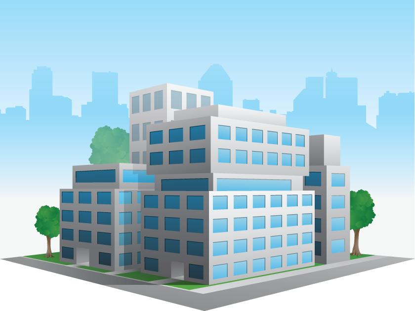 Graphic illustration of a modern office building complex with multiple interconnected structures, surrounded by trees and set against a city skyline backdrop.