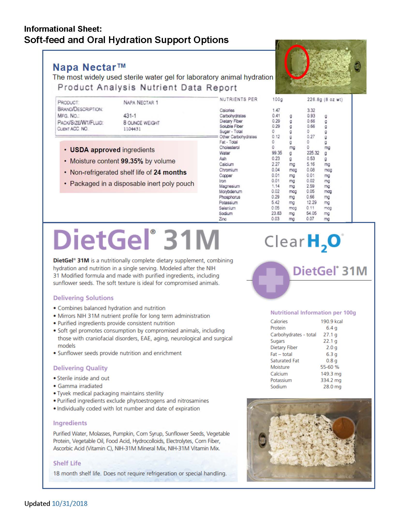 Image of the breakdown of nutritional content for both Napa Nectar and DietGel products Image of the breakdown of nutritional content for both Napa Nectar and DietGel products