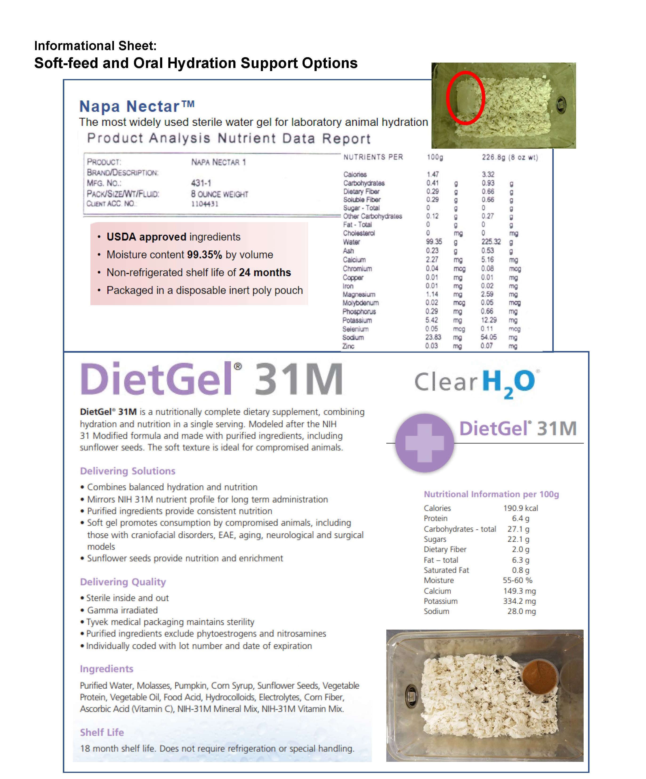 Napa Nectar and DietGel soft feed and oral hydration data sheet. See Word document to follow for full details.